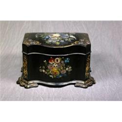 A Pretty 19th Century Lacquered Papier Mache 2 Division Tea Caddy with SerpentinGilt and Floral P...