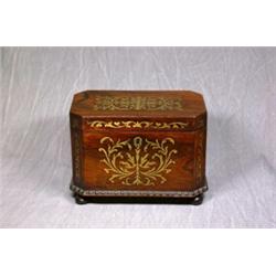 An Early 19th Century Brass Inlaid Rosewood 2 Divison Tea Caddy with Gadrooned Border and Bun Fee...