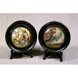 A Pair of Framed Pot Lids One Depicting A Town Market Stall with Chickens and Hare Signed JA SS,...