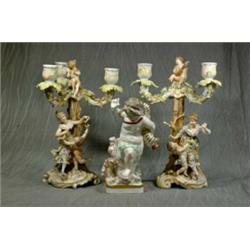 A Pair of Ornate Continental Porcelain 3 Branch Candlesticks Depicting Ladies Dancing with Cherub...