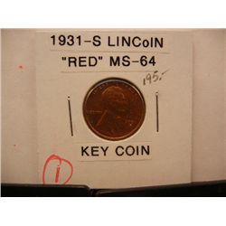 1931-S Lincoln Wheat Cent, Red MS64, Key Date