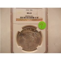 1922 Peace Dollar, Graded by NGC MS63