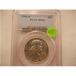 1958-D Franklin Half Dollar, Graded by PCGS MS64
