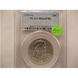 1959-D Franklin Half Dollar, Graded by PCGS MS64, FBL