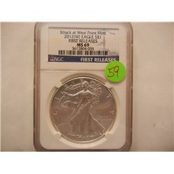 2012 American Silver Eagle, First Releases, Graded by NGC MS69, .999 Fine Silver, 1 Troy Oz.