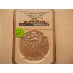 2012-S American Silver Eagle, First Releases, Graded by NGC MS69, .999 Fine Silver, 1 Troy Oz.