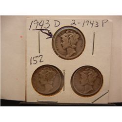 (3) Mercury Dimes: 1943-D, (2) 1943-P