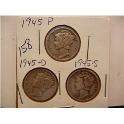 (3) Mercury Dimes: 1945-P,D,&S