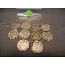 10 Silver Dimes, (1) 1949 Mercury and (9) Roosevelt, Mixed Dates