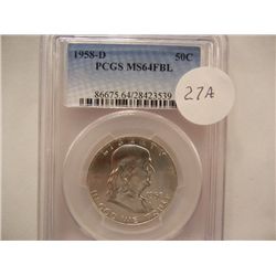 1958-D Franklin Half Dollar, Graded by PCGS MS64 FBL