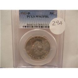 1953-D Franklin Half Dollar, Graded by PCGS MS63 FBL