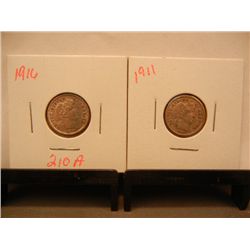 (2) Barber Dimes: 1911 & 1916