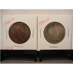 1906-O & 1906 Barber Half Dollars, Both Damaged