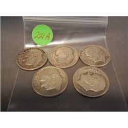 (5) Silver Roosevelt Dimes, Mixed Dates