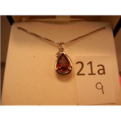 10k Gold & Sterling Silver Pendant Necklace w/ Pear Shaped Garnet and Diamonds, Retail $199