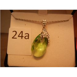 Sterling Pendant Necklace w/ Pear Shaped Fern Green & White Swarovski Crystals, Retail $149