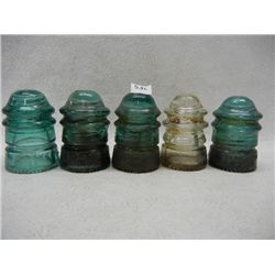 (4) Green Glass Insulators & (1) Clear Glass Insulator