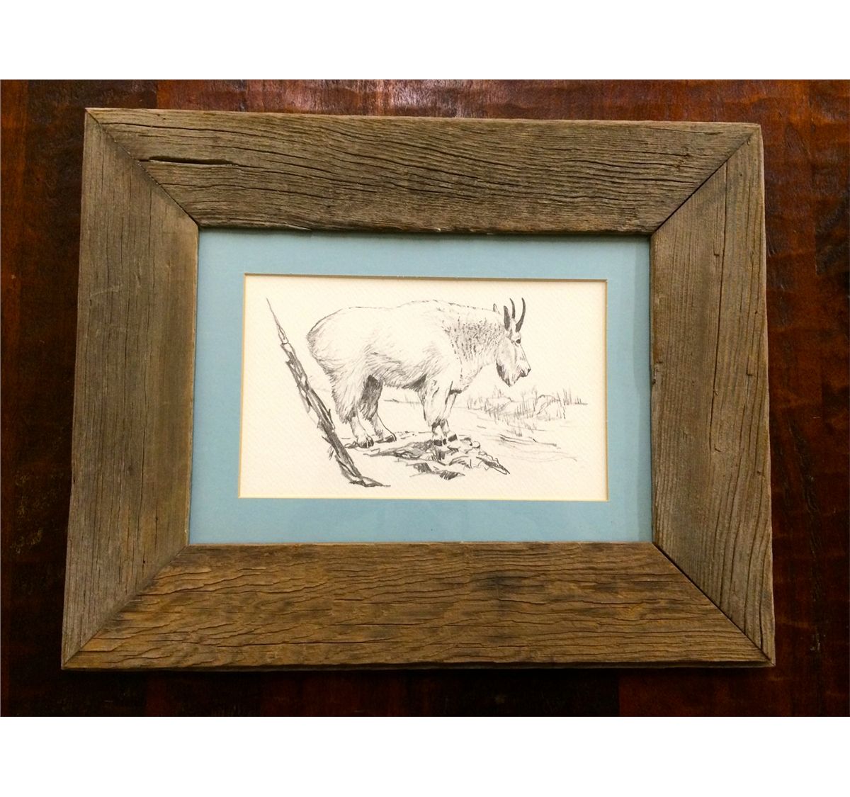 Old wood framed Mountain Goat print