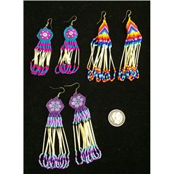 Three beaded and quill earrings
