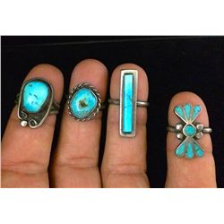 Four Native American turquoise and sterling silver rings