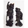 Image 1 : Two floral inlaid and carved wooden oriental figures, one with raised arms, the other carrying a …