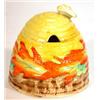 Image 1 : Clarice Cliff bizarre beehive shaped jam pot and cover, hand painted with orange and yellow leaf …