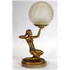 Image 1 : Gilt metal Art Deco crouching maiden tablelamp with globular glass shade on marble base, 45cm hig…