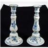 Image 1 : Pair of Delft pottery candlesticks, hand painted with sprigs of flowers and leaves, marks to base…