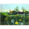 Image 1 : Framed watercolour 'Sussex Countryside' of dandelions in front of cottages, barns and geese, Paul…