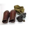 Image 1 : Pair of World War I military leather spats and a canvas cased gas mask…