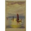 Image 1 : Framed watercolour 'Moonlight' of boats on a lake, K.E. R. Burcheu?, 17cm x 12cm…