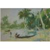 Image 1 : Framed watercolour 'African Coastline' with people in boats, Huze, 19cm x 12cm…