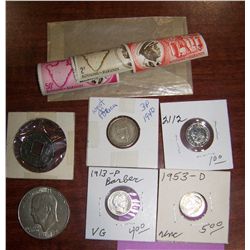 ASSORTED (6) PIECE U.S & COLLECTIBLE FORIEGN COIN LOT, ALSO INCLUDING : VINTAGE STAMPS