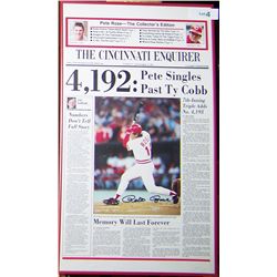 CUSTOM FRAMED PETE ROSE HAND SIGNED "THE CINCINNATI ENQUIRER . SEPT 12, 1985. ALL TIME HIT KING