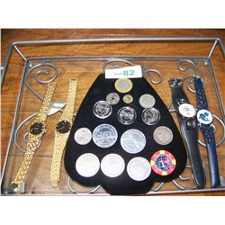 MULTI-PIECE COIN, CASINO TOKEN & COLLECTIBLE WATCH LOT, AS SHOWN. INCLUDING U.S/FORIEGN COINS