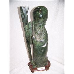 INCREDIBLE JADE STONE VINTAGE CHINESE CARVING OF MAN WITH STAFF. 10T X 8W ON BASE