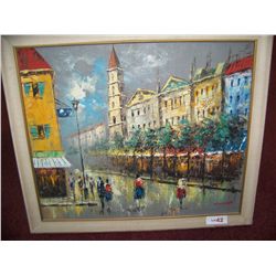 MID CENTURY MODERN ORIGINAL OIL ON CANVAS, BY HARIMER. "EUROPEAN STREET SCENE"