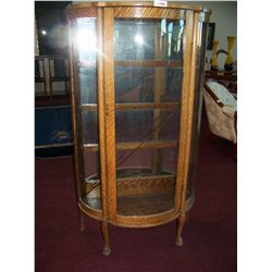 FINE ANTIQUE OAK CABINET WITH BALL & CLAW FEET. WITH GLASS SHELVING