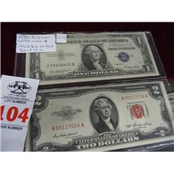 1935-E Silver Certificate & 1953 Red Seal $2.00 Bill