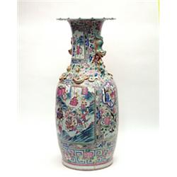 A large Cantonese 2-handled slender baluster vase, with lobed scrolling rim and panels painted wi...