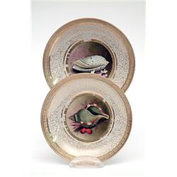 A pair of Barr Flight & Barr saucers, with shell and seaweed centres and vermicelli gilt grounds,...