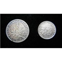 2 Silver WWI French Coins 1 Franc + 50 Centimes, 1917