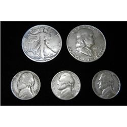 2 Silver Half Dollars and 3 Silver War Nickels