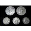 Image 1 : 2 Silver Half Dollars and 3 Silver War Nickels