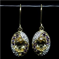 PAIR OF 14KT GOLD O/ STERLING CITRINE & AMETHYST EARRINGS