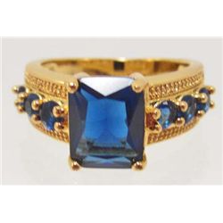 18K GOLD FILLED SAPPHIRE & CZECH CRYSTAL RING - SZ. 6