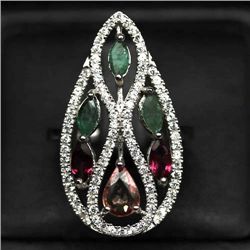 STERLING SILVER SAPPHIRE RHODOLITE & EMERALD RING