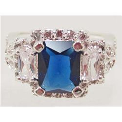 SILVER PLATED SAPPHIRE & CZECH CRYSTAL RING - SZ. 6