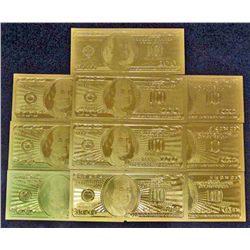 LOT OF 10 24K .999 GOLD 100 DOLLAR BANKNOTES BILLS