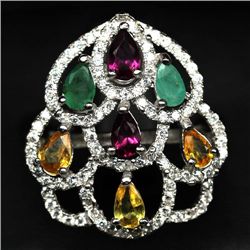 STERLING SILVER SAPPHIRE RHODOLITE & EMERALD RING